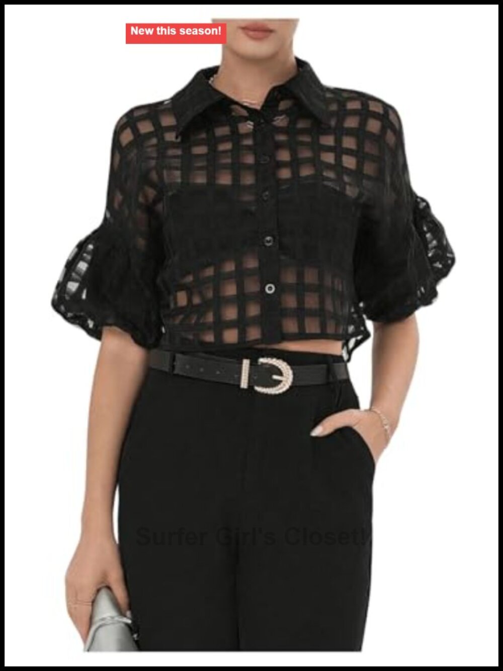 Floerns Women's Button Down Sheer Mesh Short Sleeve Collared Blouse